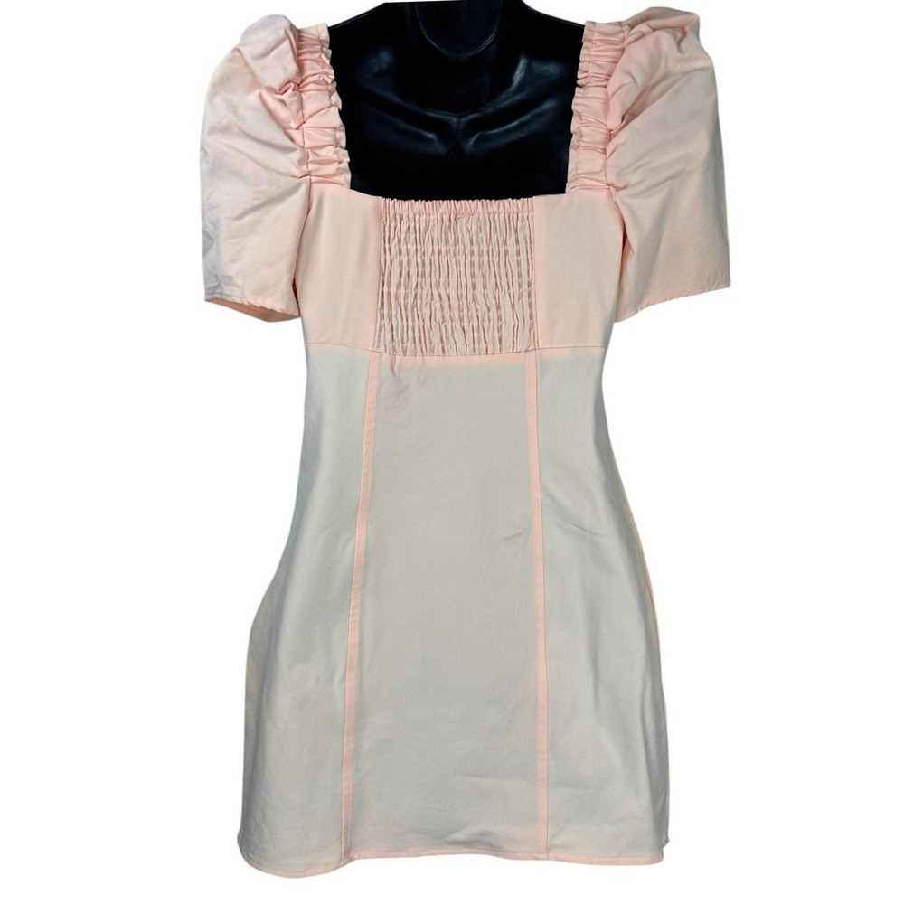 Free People Pera Peach Mini Dress Puff Sleeve Square Neck Smocked Back Size 2 - Picture 3 of 11